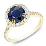 Gold 1 1/2ct Blue Sapphire and 4/5ct TDW Round Diamond Halo Engagement Ring - Handcrafted By Name My Rings™