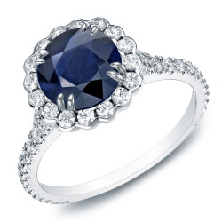 Gold 1 1/2ct Blue Sapphire and 4/5ct TDW Round Diamond Halo Engagement Ring - Handcrafted By Name My Rings™