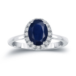 Gold 1 1/2ct Oval Cut Blue Sapphire and 1/8ct TDW Diamond Halo Engagement Ring - Handcrafted By Name My Rings™