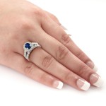 Gold 1 1/2ct Oval Cut Blue Sapphire and 3/5ct TDW Diamond Halo Bridal Ring Set - Handcrafted By Name My Rings™