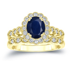 Gold 1 1/2ct Oval Cut Blue Sapphire and 3/5ct TDW Diamond Halo Bridal Ring Set - Handcrafted By Name My Rings™