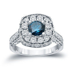 Gold 1 1/2ct TDW Blue Round Diamond Halo Engagement Ring - Handcrafted By Name My Rings™