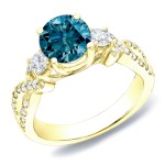 Gold 1 1/2ct TDW Blue Round Diamond Three-stone Ring - Handcrafted By Name My Rings™