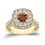Gold 1 1/2ct TDW Brown Round Diamond Halo Engagement Ring - Handcrafted By Name My Rings™