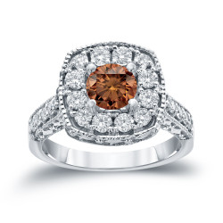 Gold 1 1/2ct TDW Brown Round Diamond Halo Engagement Ring - Handcrafted By Name My Rings™