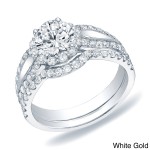 Gold 1 1/2ct TDW Certified Round Diamond Halo Engagement Bridal Ring Set - Handcrafted By Name My Rings™