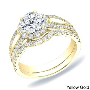 Gold 1 1/2ct TDW Certified Round Diamond Halo Engagement Bridal Ring Set - Handcrafted By Name My Rings™