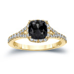 Gold 1 1/2ct TDW Cushion-Cut Black Diamond Halo Engagement Ring - Handcrafted By Name My Rings™