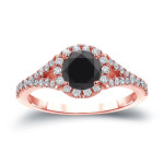 Gold 1 1/2ct TDW Round Cut Black Diamond Halo Engagement Ring - Handcrafted By Name My Rings™