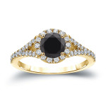 Gold 1 1/2ct TDW Round Cut Black Diamond Halo Engagement Ring - Handcrafted By Name My Rings™