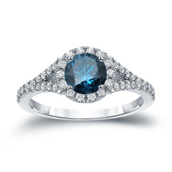 Gold 1 1/2ct TDW Round Cut Blue Diamond Halo Engagement Ring - Handcrafted By Name My Rings™