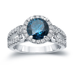 Gold 1 1/2ct TDW Round Cut Blue Diamond Halo Engagement Ring - Handcrafted By Name My Rings™