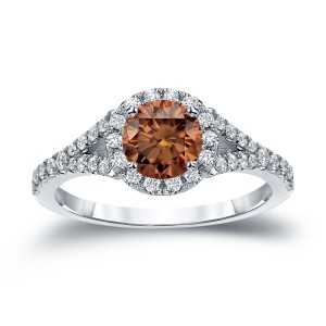 Gold 1 1/2ct TDW Round Cut Brown Diamond Halo Engagement Ring - Handcrafted By Name My Rings™