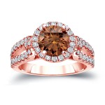 Gold 1 1/2ct TDW Round Cut Brown Diamond Halo Engagement Ring - Handcrafted By Name My Rings™