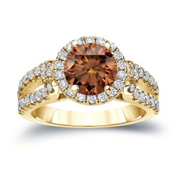 Gold 1 1/2ct TDW Round Cut Brown Diamond Halo Engagement Ring - Handcrafted By Name My Rings™