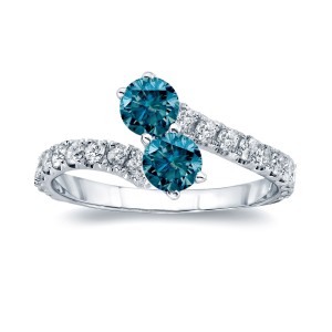 Gold 1 1/2ct TDW Round-cut Blue Diamond 4-prong, 2-stone Engagement Ring - Handcrafted By Name My Rings™