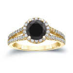 Gold 1 1/3ct TDW Round Cut Black Diamond Halo Engagement Ring - Handcrafted By Name My Rings™