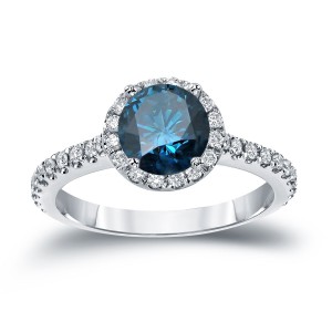 Gold 1 1/3ct TDW Round Cut Blue Diamond Halo Engagement Ring - Handcrafted By Name My Rings™
