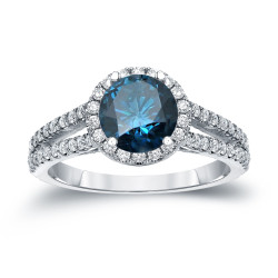 Gold 1 1/3ct TDW Round Cut Blue Diamond Halo Engagement Ring - Handcrafted By Name My Rings™