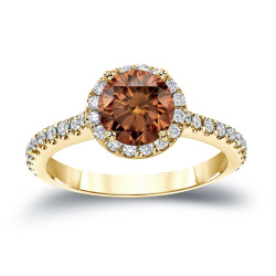 Gold 1 1/3ct TDW Round Cut Brown Diamond Halo Engagement Ring - Handcrafted By Name My Rings™