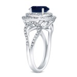 Gold 1 1/4ct Blue Sapphire and 1/2ct TDW Round-Cut Diamond Halo Ring - Handcrafted By Name My Rings™