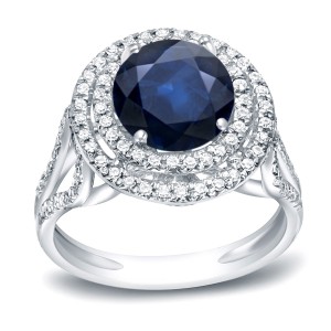 Gold 1 1/4ct Blue Sapphire and 1/2ct TDW Round-Cut Diamond Halo Ring - Handcrafted By Name My Rings™