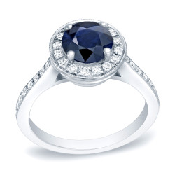 Gold 1 1/4ct Blue Sapphire and 2/5ct TDW Round Diamond Halo Engagement Ring - Handcrafted By Name My Rings™