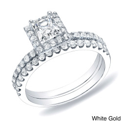 Gold 1 1/4ct TDW Certified Princess Diamond Halo Bridal Ring Set - Handcrafted By Name My Rings™