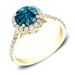 Gold 1 3/4ct TDW Blue Round Halo Diamond Engagement Ring - Handcrafted By Name My Rings™