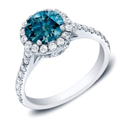 Gold 1 3/4ct TDW Blue Round Halo Diamond Engagement Ring - Handcrafted By Name My Rings™
