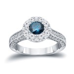 Gold 1 3/4ct TDW Blue and White Diamond Halo Engagement Ring - Handcrafted By Name My Rings™