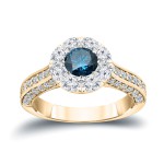 Gold 1 3/4ct TDW Blue and White Diamond Halo Engagement Ring - Handcrafted By Name My Rings™