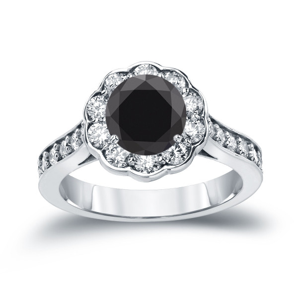 Gold 1 3/4ct TDW Round Cut Black Diamond Halo Engagement Ring - Handcrafted By Name My Rings™