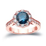 Gold 1 3/4ct TDW Round Cut Blue Diamond Halo Engagement Ring - Handcrafted By Name My Rings™