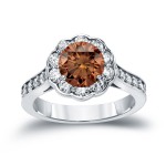 Gold 1 3/4ct TDW Round Cut Brown Diamond Halo Engagement Ring - Handcrafted By Name My Rings™