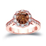 Gold 1 3/4ct TDW Round Cut Brown Diamond Halo Engagement Ring - Handcrafted By Name My Rings™