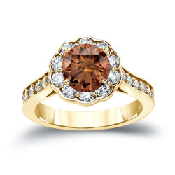 Gold 1 3/4ct TDW Round Cut Brown Diamond Halo Engagement Ring - Handcrafted By Name My Rings™