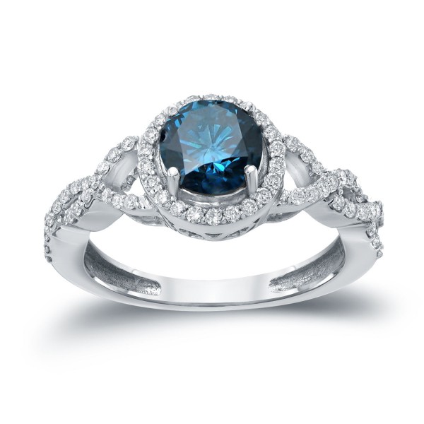 Gold 1 3/8ct TDW Blue Round Diamond Halo Engagement Ring - Handcrafted By Name My Rings™