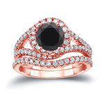 Gold 1 7/8ct TDW Round Cut Black Diamond Halo Bridal Ring Set - Handcrafted By Name My Rings™