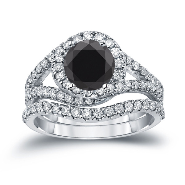 Gold 1 7/8ct TDW Round Cut Black Diamond Halo Bridal Ring Set - Handcrafted By Name My Rings™