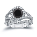 Gold 1 7/8ct TDW Round Cut Black Diamond Halo Bridal Ring Set - Handcrafted By Name My Rings™