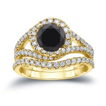 Gold 1 7/8ct TDW Round Cut Black Diamond Halo Bridal Ring Set - Handcrafted By Name My Rings™