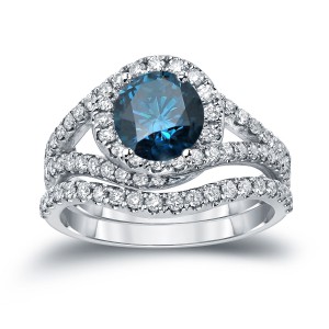 Gold 1 7/8ct TDW Round Cut Blue Diamond Halo Bridal Ring Set - Handcrafted By Name My Rings™