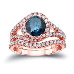Gold 1 7/8ct TDW Round Cut Blue Diamond Halo Bridal Ring Set - Handcrafted By Name My Rings™