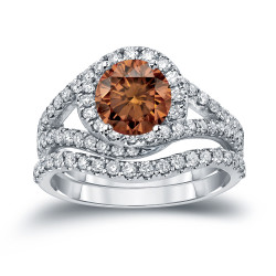 Gold 1 7/8ct TDW Round Cut Brown Diamond Halo Bridal Ring Set - Handcrafted By Name My Rings™