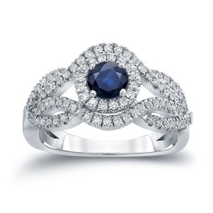 Gold 1/2ct Blue Sapphire and 1/2ct TDW Diamond Cluster Engagement Ring - Handcrafted By Name My Rings™