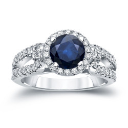 Gold 1/2ct Blue Sapphire and 1/2ct TDW Round Cut Diamond Halo Engagement Ring - Handcrafted By Name My Rings™