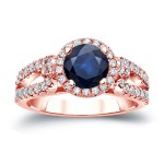 Gold 1/2ct Blue Sapphire and 1/2ct TDW Round Cut Diamond Halo Engagement Ring - Handcrafted By Name My Rings™
