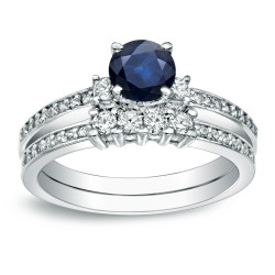 Gold 1/2ct Blue Sapphire and 1/2ct TDW Round Diamond Bridal Ring Set - Handcrafted By Name My Rings™