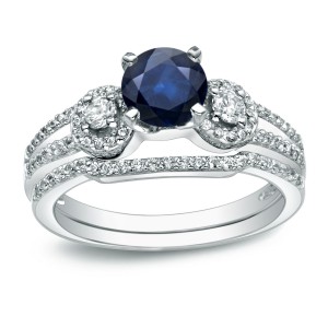 Gold 1/2ct Blue Sapphire and 1/2ct TDW Round Diamond Bridal Ring Set - Handcrafted By Name My Rings™